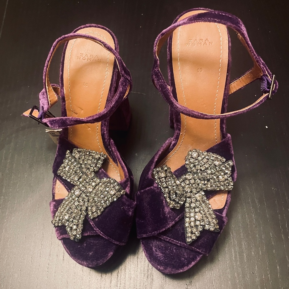 NWT Zara Velvet Platform Sandals with Bow Detail - Women 36 (6) - Purple